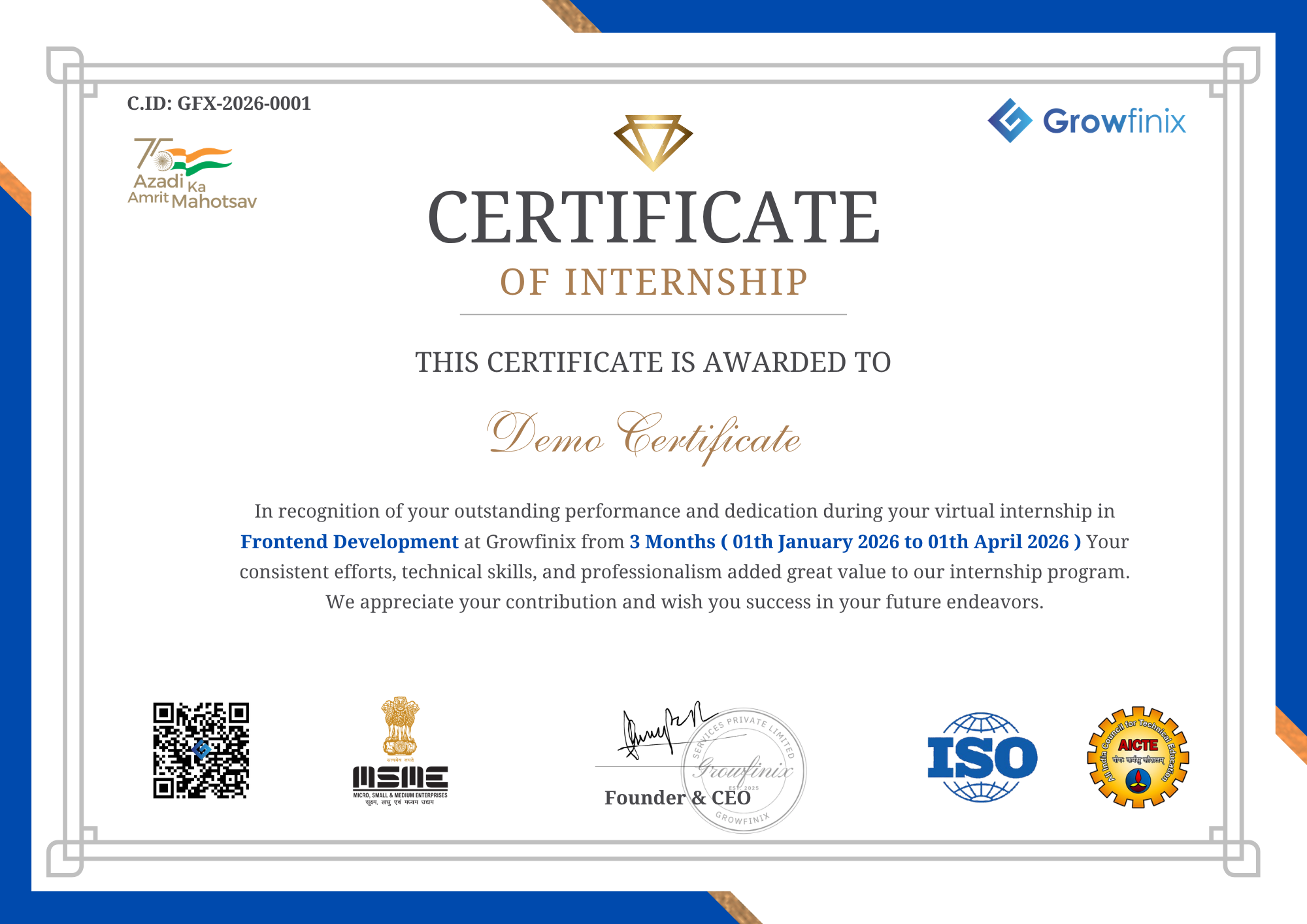 Growfinix free internship certificate with QR code verification – sample certificate